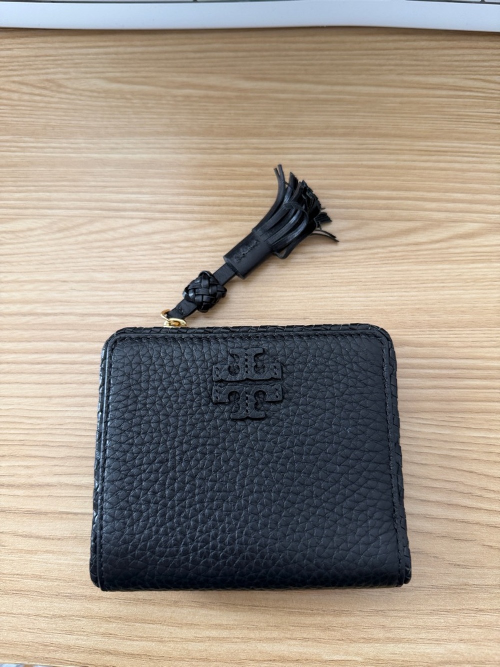 Tory Burch Black Pebbled Leather Zip-Around Card Wallet with Tassel